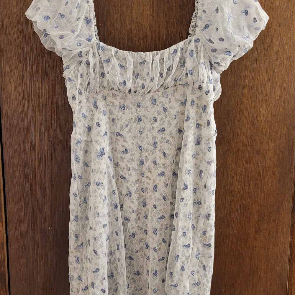 Free People Blue White Floral Lined Lace Off Shoulder Or On Mini  Dress Small